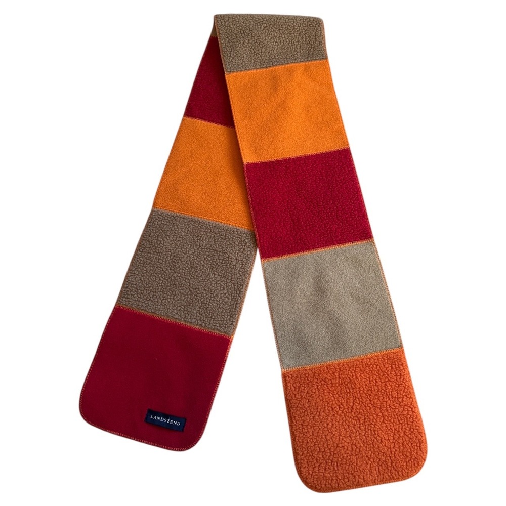 Lands End Color Block Fleece Scarf‎ Red Orange Tan Cozy Winter Warm Accessory